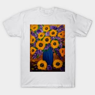 Sunflowers and mixed purple and pink flowers.  I'm a metallic blue gold and bronze and turquoise vase. T-Shirt